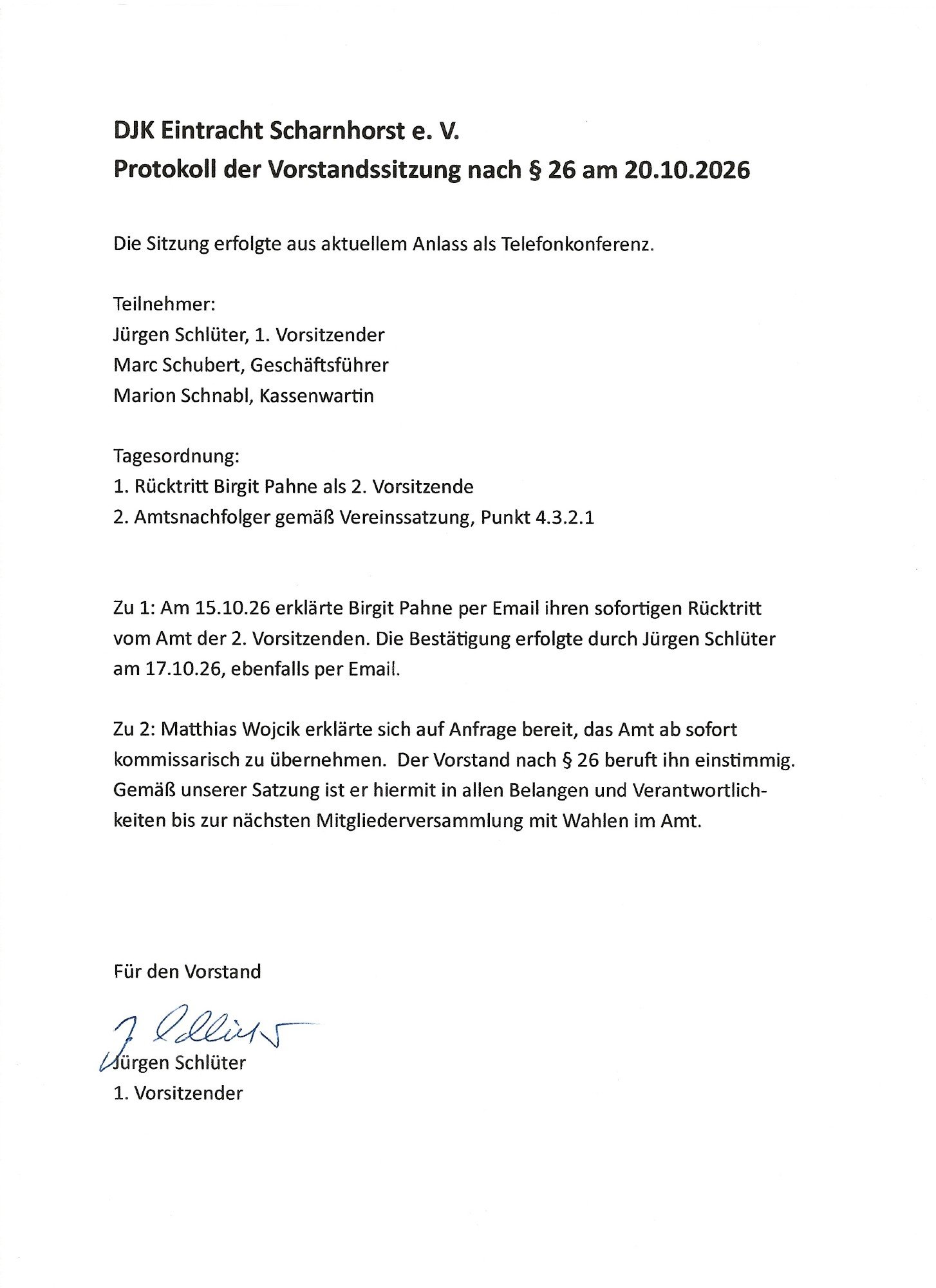 Protokoll der Vorstandssitzung nach § 26 vom 20.10.26